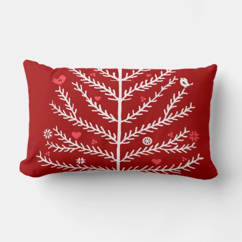 Festive Nordic Christmas Tree Deer Dark Red  Lumbar Pillow