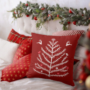 Festive Nordic Christmas Tree Deer Dark Red Throw Pillow