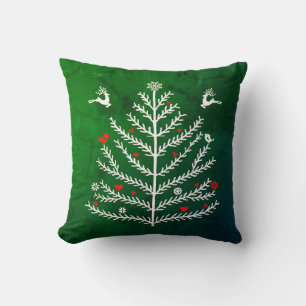 Festive Nordic Christmas Tree Deer Green Throw Pillow