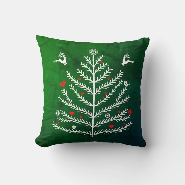 Festive Nordic Christmas Tree Deer Green Throw Pillow (Front)