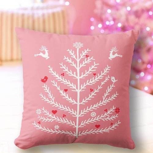 Festive Nordic Christmas Tree Deer Pink Throw Pillow