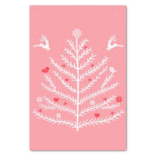 Festive Nordic Christmas Tree Deer Pink  Tissue Paper