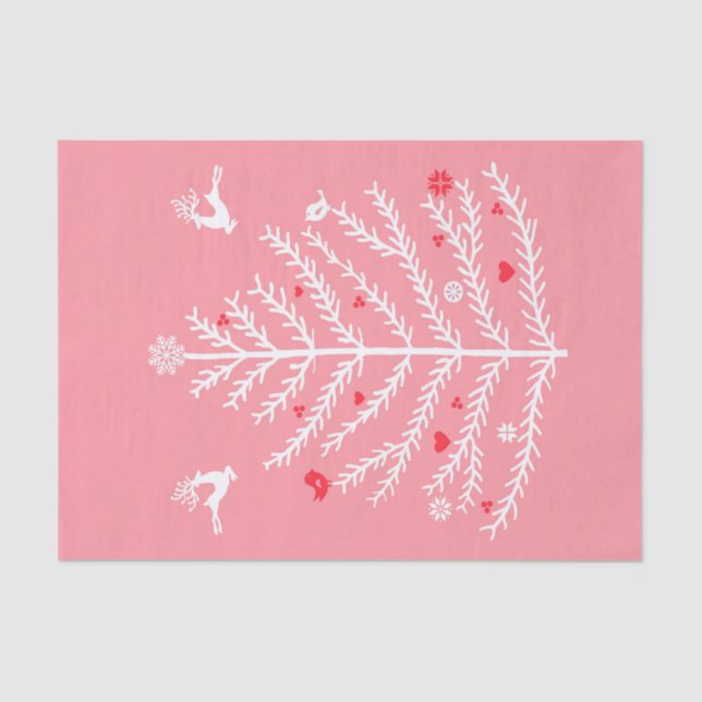 Festive Nordic Christmas Tree Deer Pink  Tissue Paper (Front)