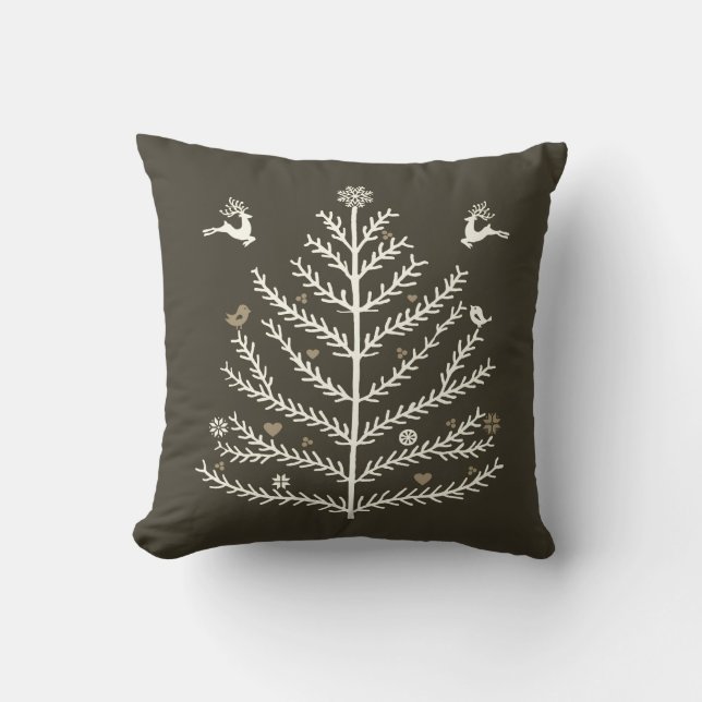 Festive Nordic Christmas Tree Deer Taupe Beige Throw Pillow (Front)