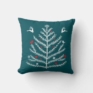 Festive Nordic Christmas Tree Deer Teal Blue Throw Pillow