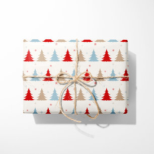 Festive Nordic Christmas Trees - Red, Blue & Beige Wrapping Paper