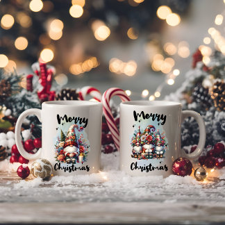 Festive Nordic Gnome Trio with Candles and Winter  Coffee Mug