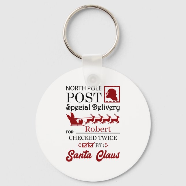 Festive North Pole delivery add name Keychain (Front)