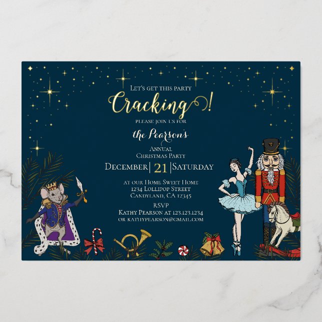 Festive Nutcracker Ballet Christmas Party Navy Foil Invitation (Front)