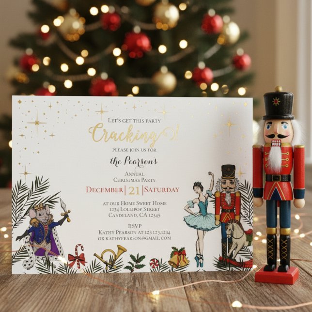 Festive Nutcracker Ballet Christmas Party White Foil Invitation (Festive Nutcracker Christmas Party Invitations. Real Gold Foil. Nutcracker, Ballerina, Mouse King)