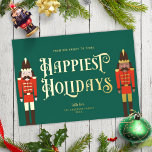Festive Nutcracker Christmas Green Non-Photo Gold Foil Holiday Card<br><div class="desc">This festive holiday non-photo card features dark green background with two nutcrackers on each side standing guard, and the greeting "Happiest Holidays" in gold foil. The nutcrackers are dressed in red and dark brown and accented with gold foil. Your name is also in gold foil. On the back you will...</div>