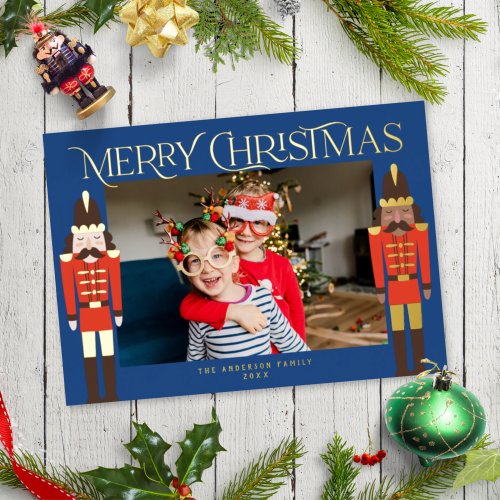 Festive Nutcracker Christmas Photo Blue Gold Foil Holiday Card