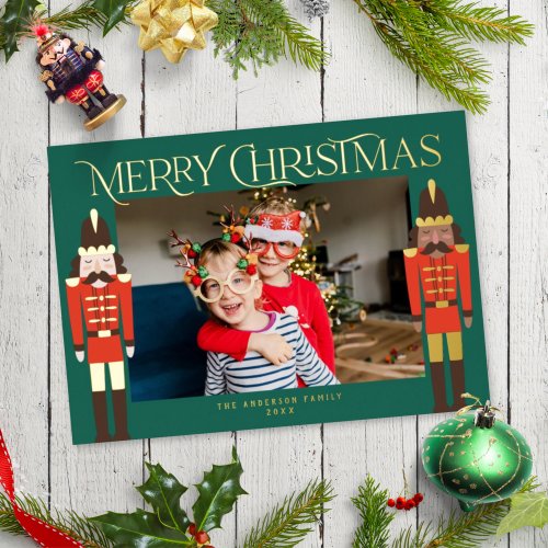 Festive Nutcracker Christmas Photo Green Gold Foil Holiday Card