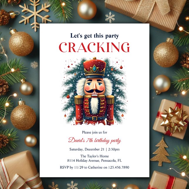 Festive Nutcracker Cracking Themed Birthday Party Invitation (Festive Christmas Nutcracker Cracking Themed Birthday Party Invitation)