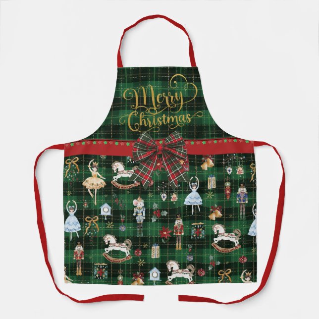 Festive Nutcracker Merry Christmas Ballet Tartan Apron (Front)