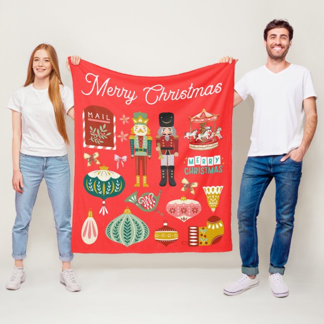 Festive Nutcracker pattern Christmas Red  Fleece Blanket (In Situ)