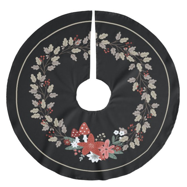 Festive Oak Leaf and Mushroom Wreath Christmas Brushed Polyester Tree Skirt (Front)