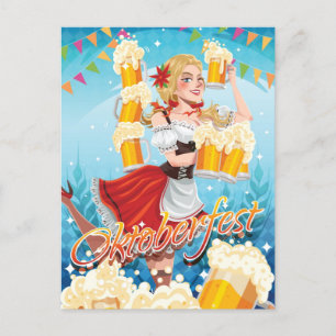 Festive Oktoberfest Maid in Red with Beers Postcard