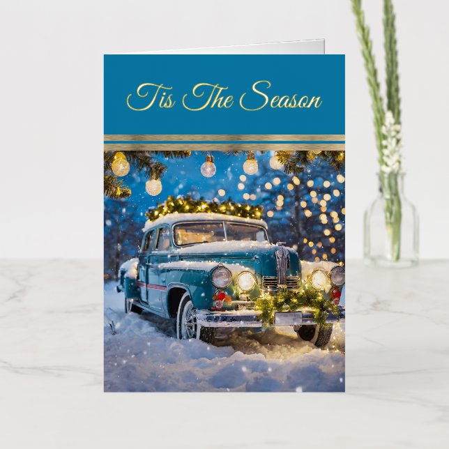 Festive Old Car Foil Greeting Card (Flower)