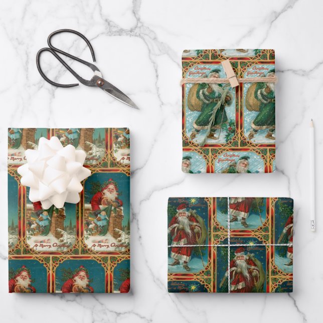 Festive Old World Santa Claus Wrapping Paper Sheets (Front)