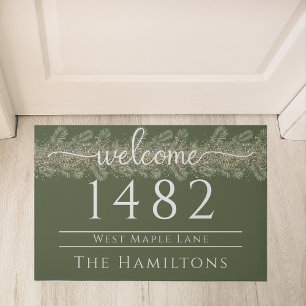 Festive Olive green family name custom address Doormat
