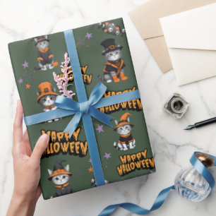 Festive olive Witch Cats in Halloween Disguise Wrapping Paper
