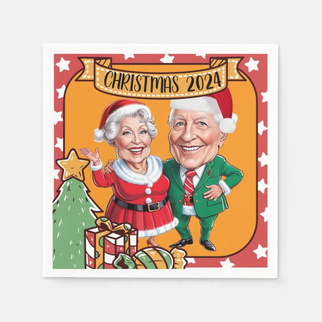 Festive Orange and Red Custom Caricature Design  Napkins (Front)