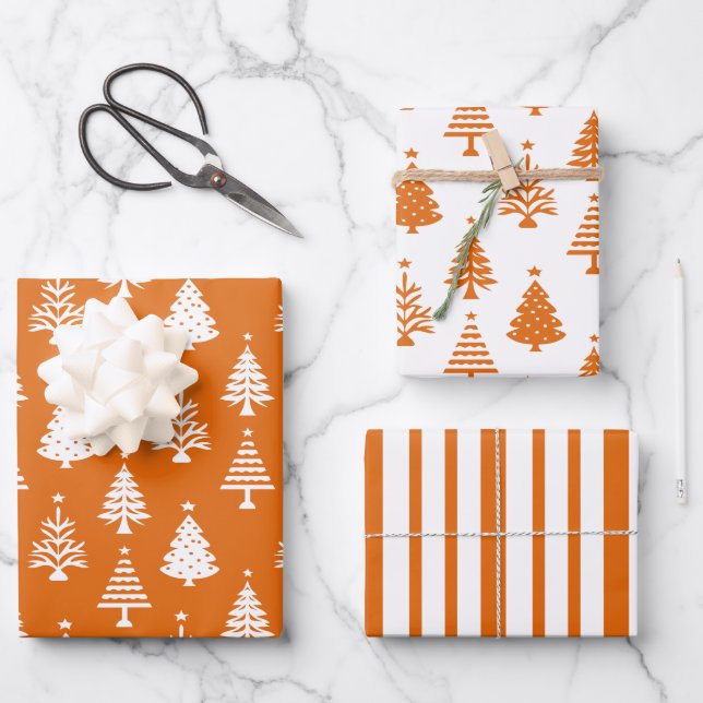 Festive Orange and White Christmas Tree Pattern Wrapping Paper Sheets (Front)