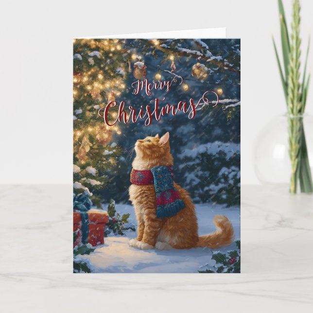 Festive Orange Cat Christmas Greeting Folded Card (Front)