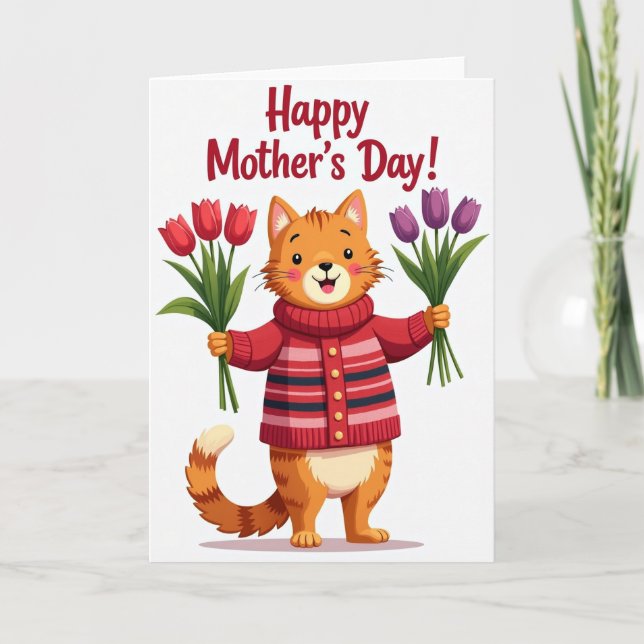 Festive Orange Cat Tulip Card (Front)