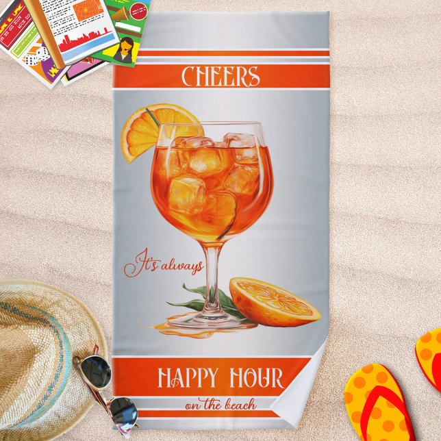 Festive Orange Cocktail Happy Hour Beach Towel (Beach towel featuring a modern design cocktail in bright orange on silver with orange stripes)