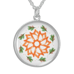 Festive Orange Floral Christmas Sterling Silver Necklace
