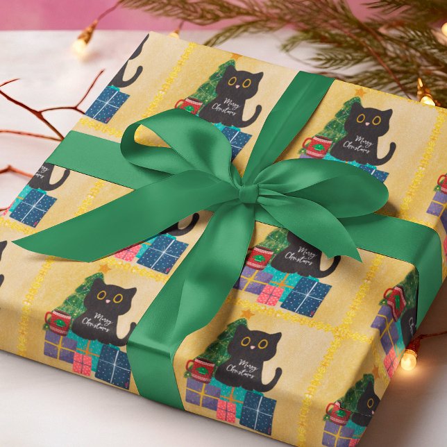 Festive Orange Gold Christmas Black Cat Coffee Wrapping Paper (Creator Uploaded)