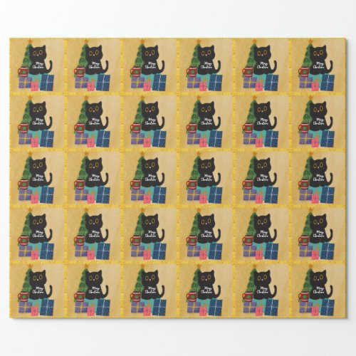 Festive Orange Gold Christmas Black Cat Coffee Wrapping Paper