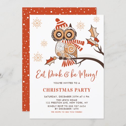 Festive Orange Owl Botanical Christmas Party Invitation