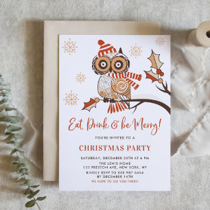 Festive Orange Owl Botanical Christmas Party Invitation