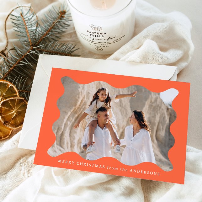 Festive Orange Retro Photo Frame Merry Christmas Holiday Card (Creator Uploaded)