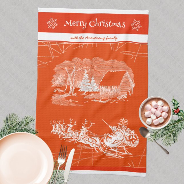 Festive Orange Santa Claus Modern Kitchen Towel (Merry Christmas 🎅🏻 Santa Sleigh Reindeers Orange Kitchen Towel ©Susanne Sachers - Sunny Mind Desig)
