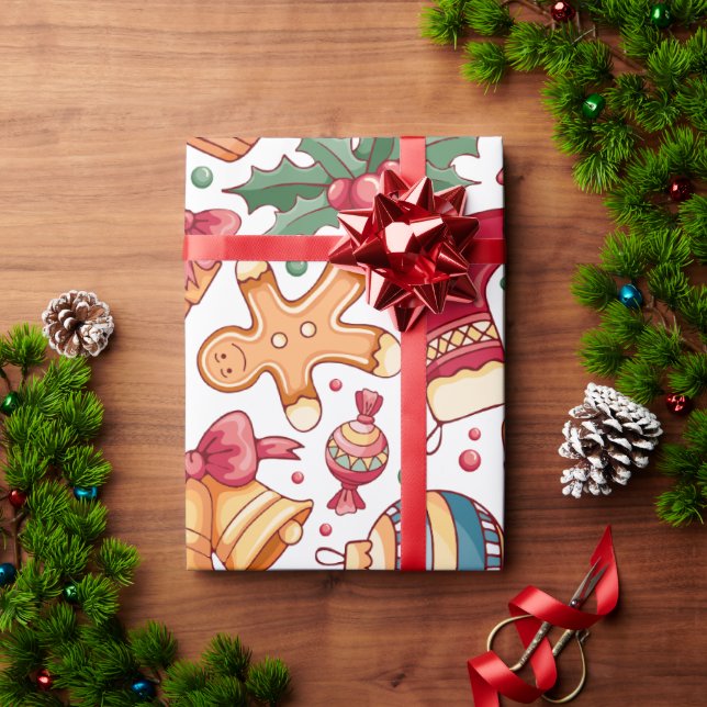 Festive Ornaments and Gingerbread Christmas Wrapping Paper (Holiday Gift)
