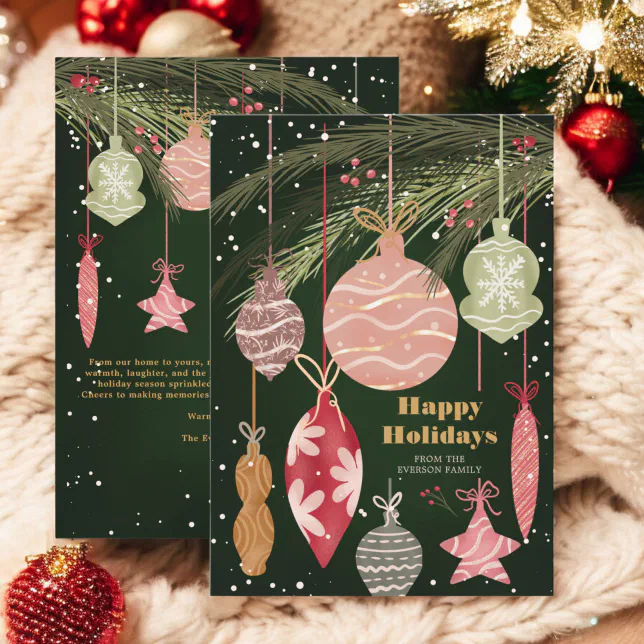 Festive Ornaments Happy Holidays Illustrations Holiday Card | Zazzle