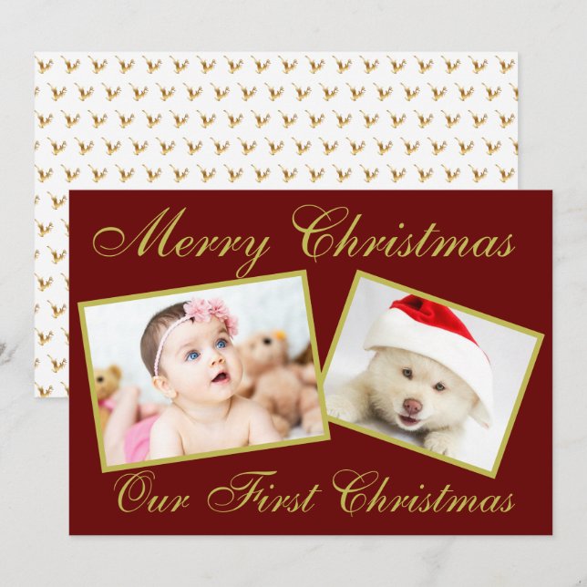 Festive Our First Christmas Gold 2 Photos Holiday  (Front/Back)