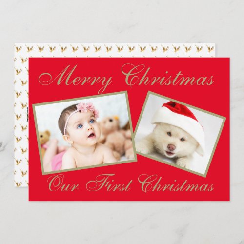 Festive Our First Christmas Gold 2 Photos Holiday Card