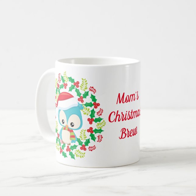 Festive Owl Amidst Wreath Coffee Mug (Front Left)