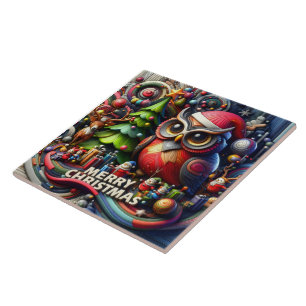 Festive owl and friends celebrate Christmas joy Ceramic Tile