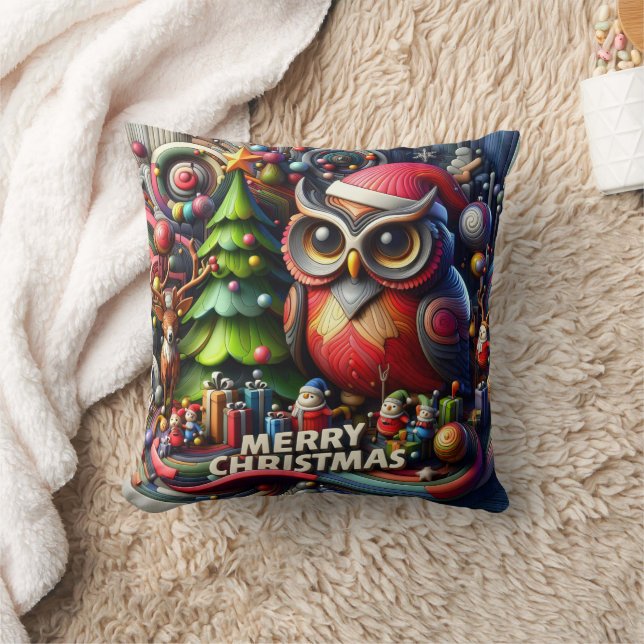 Festive owl and friends celebrate Christmas joy Throw Pillow (Blanket)