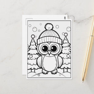 festive owl kid coloring postcard