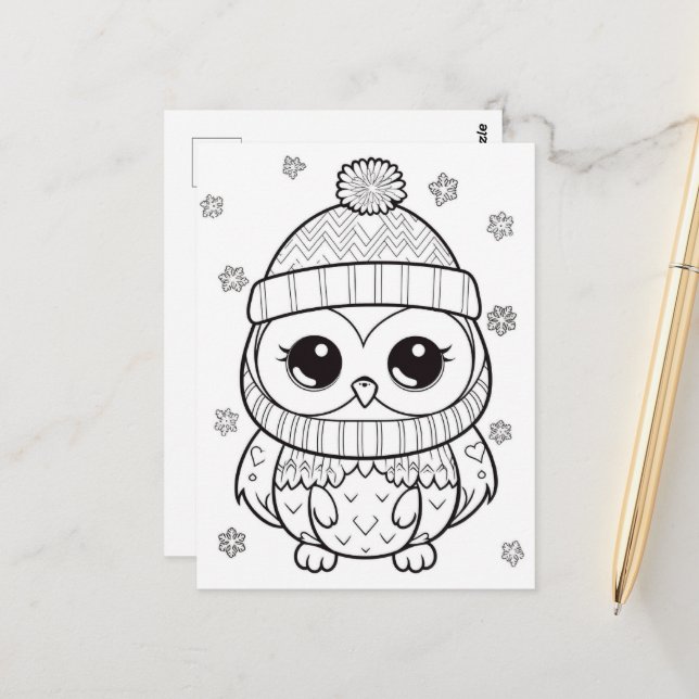 Festive owl kids coloring  postcard (Front/Back In Situ)