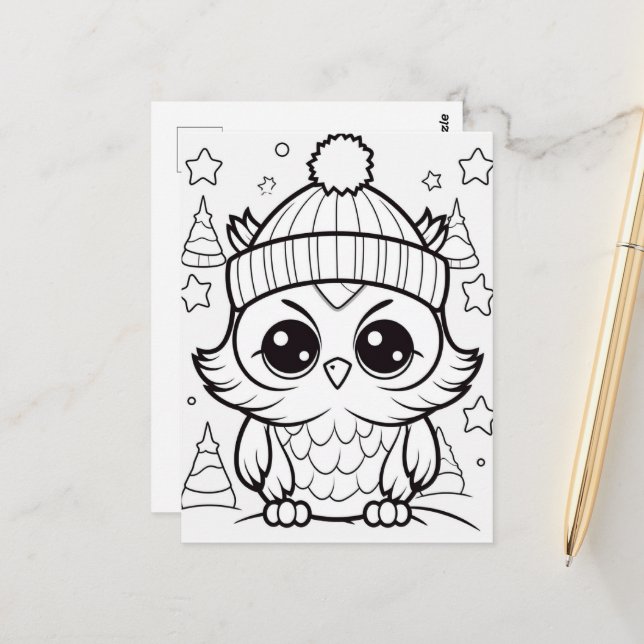 Festive owl kids coloring Postcard (Front/Back In Situ)