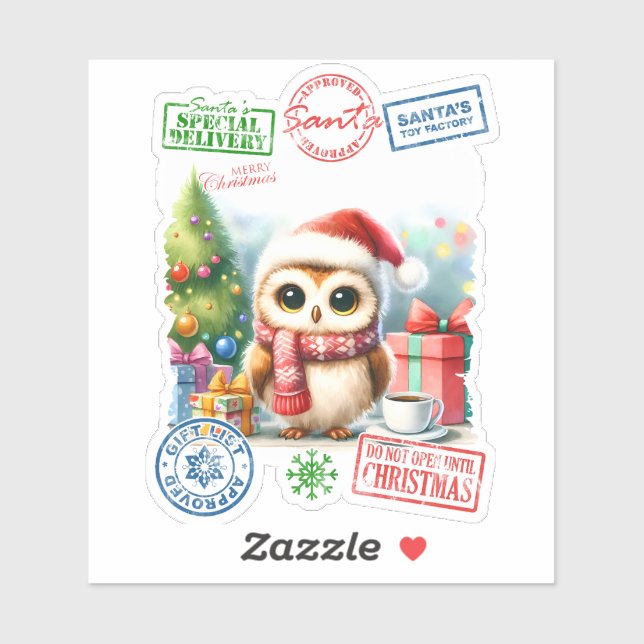 Festive Owl With Christmas Gifts Sticker (Sheet)