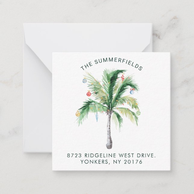 Festive Palm Tree Christmas Holiday Return Address Note Card (Front)